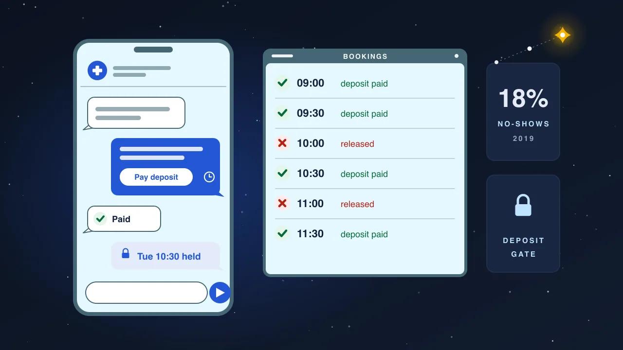 Illustration: a clinic WhatsApp chat asking for a deposit to hold a slot and then confirming it, a bookings panel where paid reservations are ticked and unpaid ones released, and a tile reading 18% no-shows